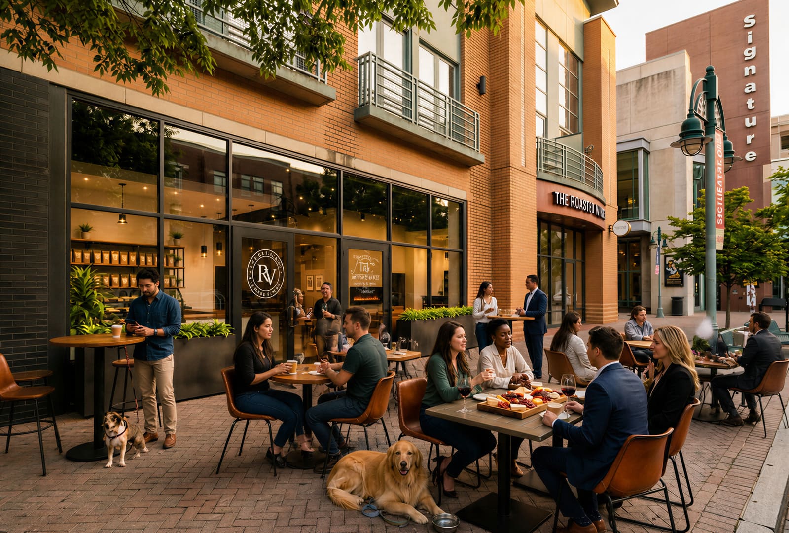 Guests and dogs at the outdoor patio tables
